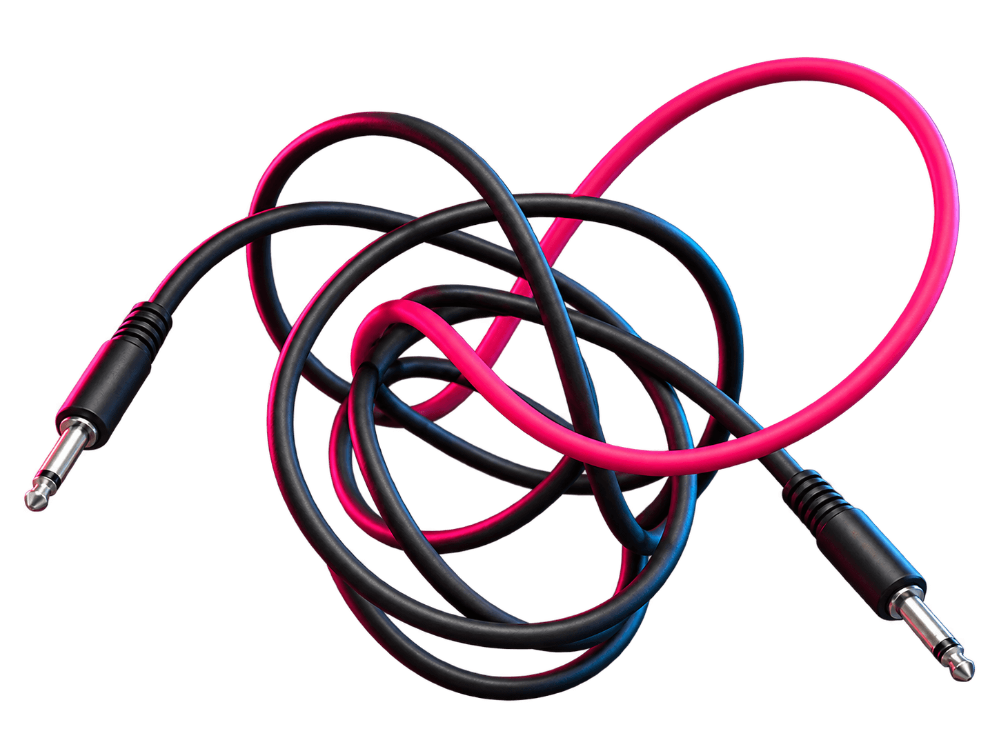 Conceptual sculpture of black and pink Eurorack cables with both connectors fully visible